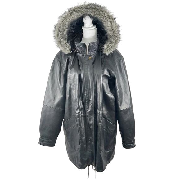 ACCENTS! RICH BLACK GENUINE LEATHER FAUX FUR TRIMMED HOOD PARKA COAT! SZ 1X - Picture 2 of 13
